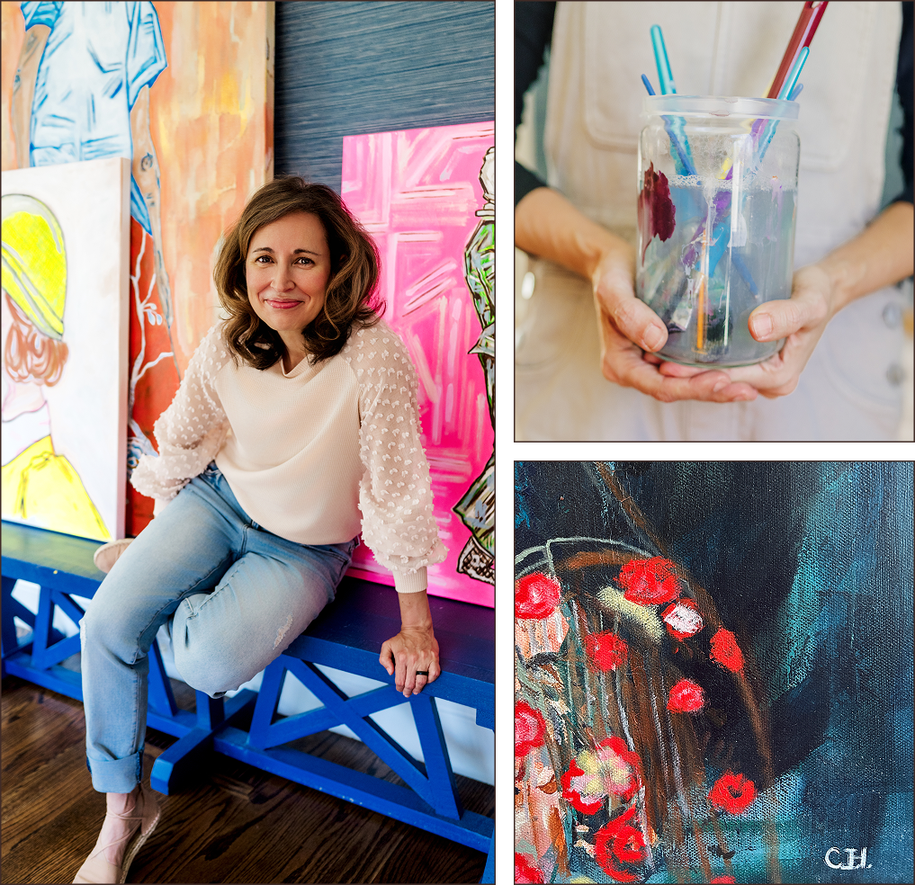 Collage of a contemporary figurative artist in an art studio, holding a jar with colorful straws, and close-up of artwork.the Boston artist, Cristina Henley, who dedicates herself to represent deep narrative artwork about resilience and personal transformation about women. 