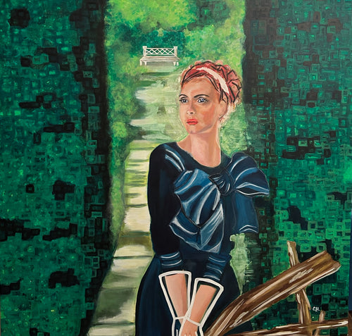 Colorful abstract painting titled "At the Threshold" by Cristina Henley Art, featuring Original wall art featuring symbolic female figures and themes of empowerment.