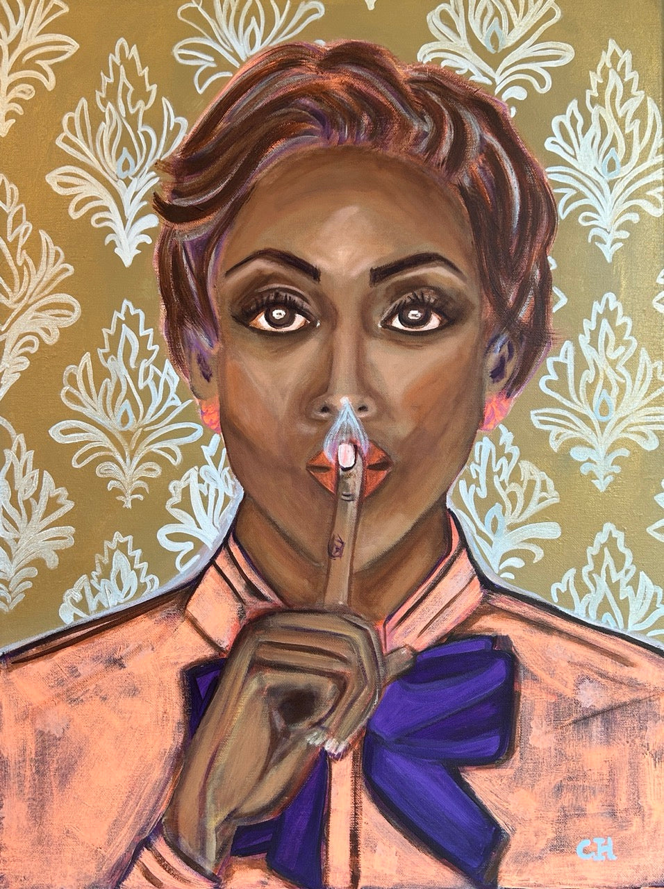 Cristina Henley Art, fire extinguisher artistic portrait of a woman with a floral patterned background. The artist  presents Contemporary Narrative Figurative Paintings Exploring Female Identity, Friendship, Love, and Resilience.