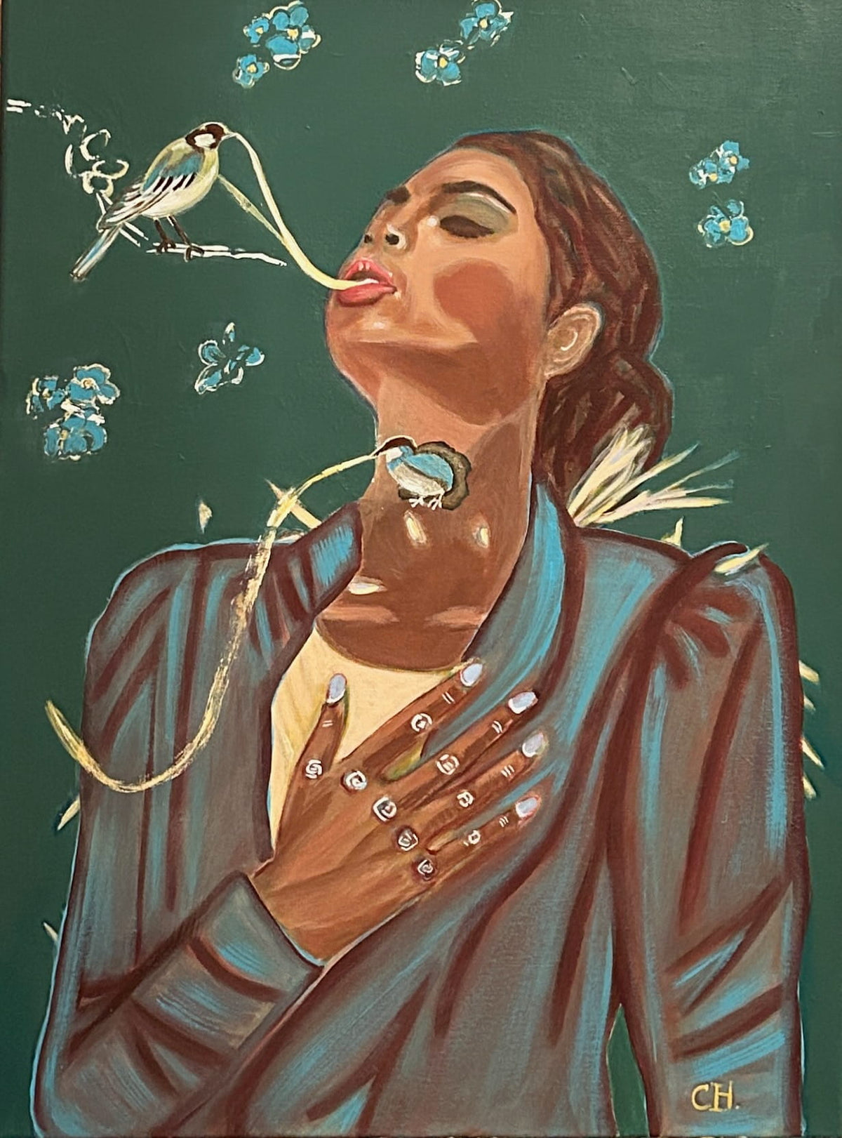 Artistic depiction of a woman blowing bubbles with a bird perched on their nose against a dark green background. storytelling artwork about women that represents meaning full female inner reflections titled "Hope" by Cristina Henley Art, featuring vibrant patterns and artistic acrylic painting on canvas.