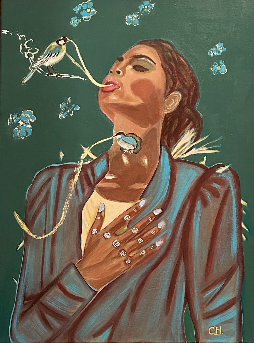 Artistic depiction of a woman blowing bubbles with a bird perched on their nose against a dark green background. storytelling artwork about women that represents meaning full female inner reflections. 