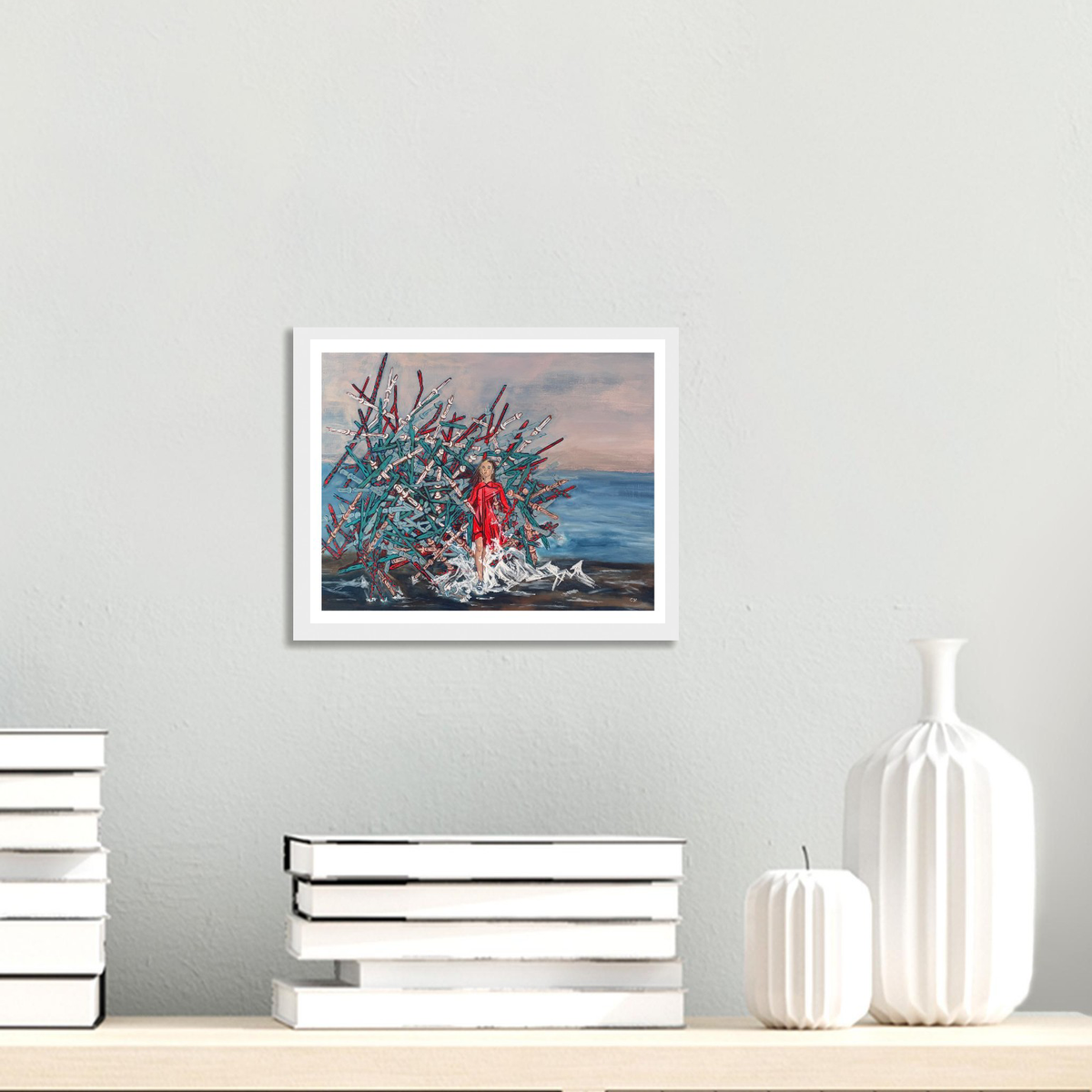 Modern white living room with The Crossing fine art print by Cristina Henley Art displayed on the wall.