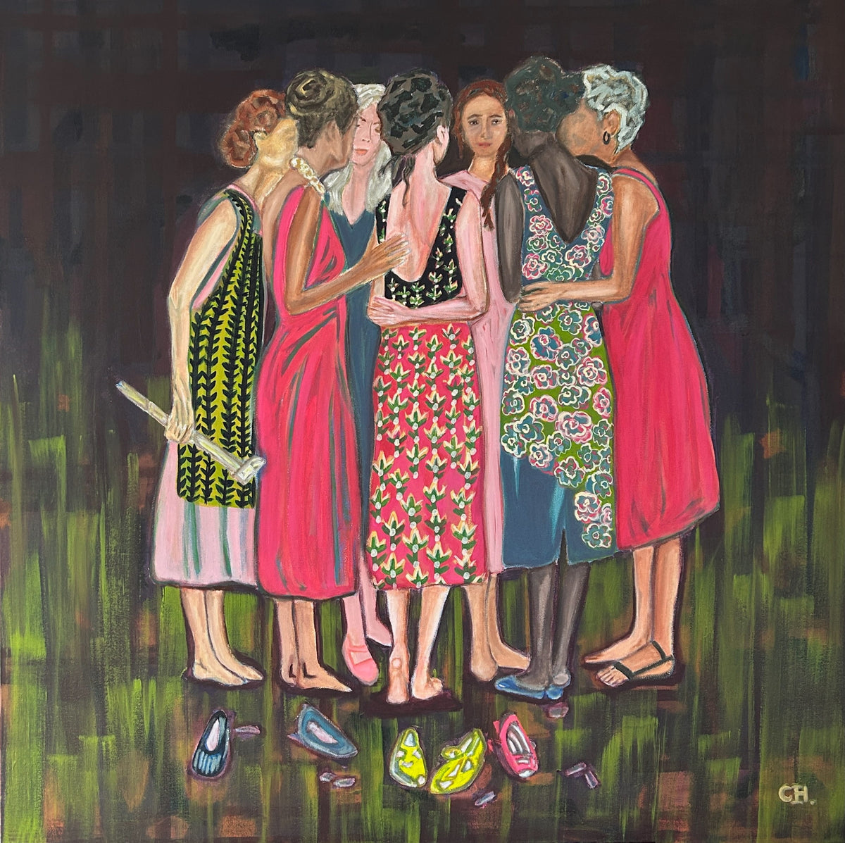 Painting of women in colorful dresses standing together. Plotting the Garden is a contemporary narrative painting about female friendship, resilience, and womanhood community. Through figurative storytelling and symbolic imagery, the artwork explores the emotional bonds that help women grow together.