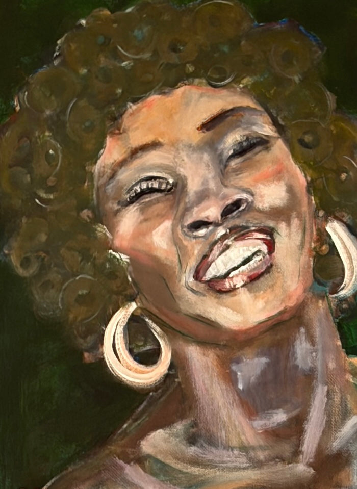 Colorful artwork titled "She is Joy" by Cristina Henley Art, featuring vibrant abstract shapes and expressive brushstrokes.