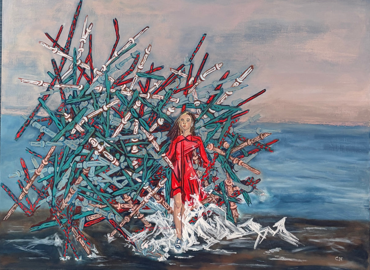 A vibrant painting titled "The Crossing" by Cristina Henley Art featuring colorful abstract imagery and dynamic brushstrokes.