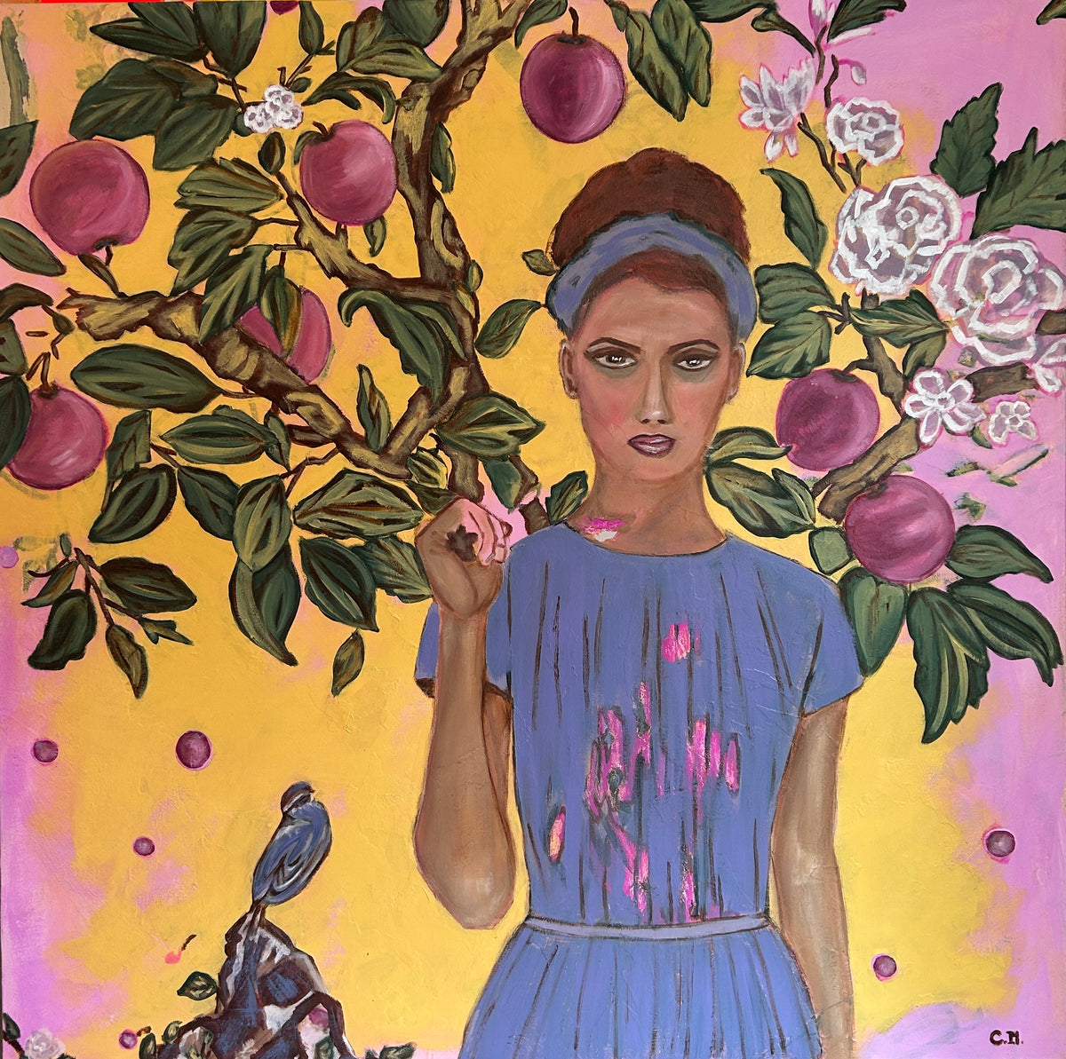 Artistic depiction of a woman in a blue dress surrounded by fruit trees and flowers. Boston artist, Cristina Henley the creator of Narrative artwork exploring female empowerment and resilience through symbolic figures and vibrant color.
